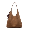 Brown vintage matte leather tote bag with a cute bear charm and golden brand lettering - With Pendant / Brown