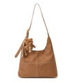 Braune Vintage Schultertasche mit Kontrastnaht und süßem Plüschbär-Anhänger - Mit Anhänger / Braun