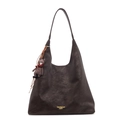 Deep brown vintage tote bag in matte leather finish with a cute teddy bear charm - With Pendant / Brown