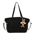 Large black suede tote bag with shoulder straps and brown plush animal charm - With Pendant / Black