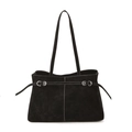 Bolso tote retro de ante negro con costuras blancas en contraste y hebilla plateada - Negro