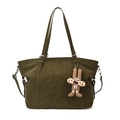 Vintage large capacity olive green tote bag with cute plush rabbit charm and silver hardware - With Pendant / Green