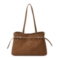 Bolso de hombro en gamuza marrón con correa delgada y detalle de costura vertical - Marrón