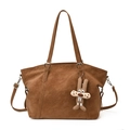 Brown vintage large capacity tote bag with adjustable handles and plush rabbit charm - With Pendant / Brown