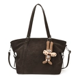 Minimalist large-capacity dark brown tote bag with a cute brown plush dog charm - With Pendant / Brown