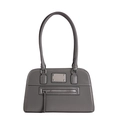 Dark grey faux leather shoulder bag with white contrast stitching and silver hardware - Gray