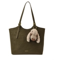 Olive green faux leather tote bag with vintage texture and grey plush bunny charm - With Pendant / Green