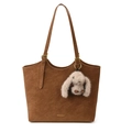 Dark brown faux suede tote bag with plush rabbit pendant and slim shoulder straps - With Pendant / Brown