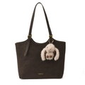 Dark brown retro hobo bag in matte leather finish with a cute plush rabbit charm - With Pendant / Brown