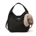 Borsa a secchiello in pelle nera testurizzata con charm a forma di coniglio in pelliccia - Con Ciondolo / Nero