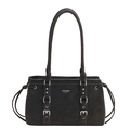 Schwarze matte Schultertasche mit silbernen Schnallenriemen und weißem Mode-Schriftzug - Schwarz