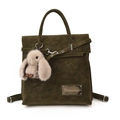 Olive green suede backpack with plush rabbit charm and adjustable shoulder straps - With Pendant / Green