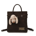 Dark brown suede multi-way backpack for women with a cute grey plush bunny pendant - With Pendant / Coffee
