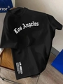 Details von Los Angeles-Schriftzug und Zitaten auf einem schwarzen Baumwoll-T-Shirt - S / Schwarz