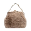 Elegant plush faux fur shell bag with pearl handle and rhinestone metal clasp closure - Caramel color