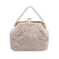 Elegant apricot plush shell handbag with pearl bead handle and gold clasp closure - Khaki