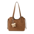 Bolso tote marrón de gran capacidad con correas largas y colgante de peluche suave - Con Colgante / Marrón