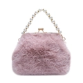 Pink faux fur shell bag with pearl handle and rhinestone accents for winter fashion - Purple