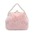 Pink faux fur handbag with elegant pearl handle and vintage gold kiss-lock closure - Pink