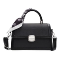 Fashionable black crossbody bag with woven texture, metal lock, and decorative silk scarf - Black