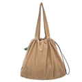 Bolso tote minimalista de pana marrón con cordón de ajuste y correa de hombro elegante - Caqui