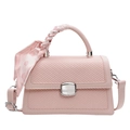 Pink woven crossbody bag with silk scarf handle and silver metal lock closure - Pink