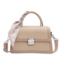 Beige woven handbag with pink heart-patterned silk scarf and leather strap details - Dark Khaki