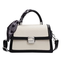 Chic cream woven crossbody bag with black leather trim and decorative heart scarf - White and Black