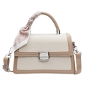 Elegant woven crossbody bag in beige with brown leather trim and heart silk scarf handle - White & Khaki