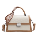 Chic woven beige and brown leather crossbody bag with silk scarf on handle - White and Brown