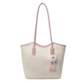 Sac fourre-tout chic crème et rose avec un charmant pompon et logo de mode tendance - Avec Pendentif / Blanc et Rose