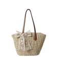 Woven straw bucket bag with floral lace bow and brown leather shoulder straps - Off White