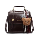 Sac à dos rétro en cuir brillant marron foncé avec charme d'ours et grand volume - Avec Pendentif / café