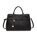 Black litchi grain tote bag with decorative pendants and adjustable shoulder strap - Black
