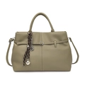 Olive green pebbled leather tote bag with decorative buckle and metal logo charm - Green