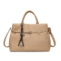 Chic beige tote bag with litchi grain texture and metal B charm decoration - Apricot