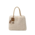 Creamy white plush tote bag with brown woven handles and cute bear charm pendant - With Pendant / Off White