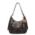 Sac cabas en toile gris foncé avec lanières brunes, logo M et charm ours en peluche - Avec Pendentif / Noir