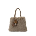 Khaki faux fur tote bag with braided handles and leopard print pom-pom charm - With Pendant / Brown