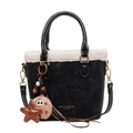 Black faux suede bucket bag with white plush fur trim and star charm detail - With Pendant / Black