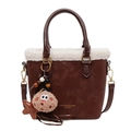 Brown frosted leather tote with plush faux shearling trim and cute monster keychain - With Pendant / Coffee