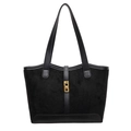 Bolso tote clásico de ante negro con patchwork de cuero y hebilla de metal dorado - Negro