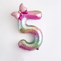 Rainbow gradient number 5 foil balloon with stars and pink polka dot bow decoration - Number 5