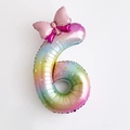 Rainbow gradient 40-inch number 6 balloon with stars and pink bow decoration - Number 6