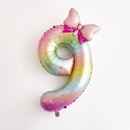 Rainbow gradient 40-inch number 9 foil balloon with gold stars and pink polka dot bow - Number 9