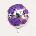 Detail of 18 inch silver foil Happy Anniversary balloon with floral pattern and valve - Purple Floral Anniversary