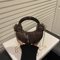 Deep coffee acrylic crescent evening clutch with 3D wave texture and golden chain - Brown