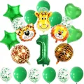 Jungle theme 1st birthday balloons with green number 1 and cartoon animal heads - Number 1 Jungle Theme