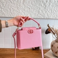 Pink PU leather crossbody square handbag with metal logo and detachable shoulder strap - Pink
