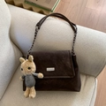 Sac à épaule en daim marron foncé avec chaîne métallique et breloque lapin en peluche - Sans Pendentif / Marron